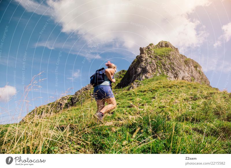 upward Vacation & Travel Trip Adventure Freedom Mountain Hiking Young woman Youth (Young adults) 18 - 30 years Adults Nature Landscape Sky Clouds Sunlight