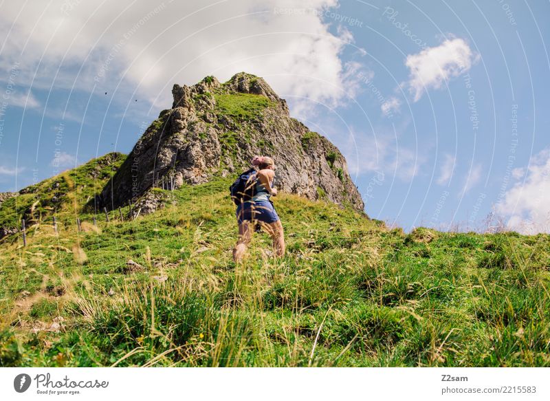 Ascent to the Upper Bavarian Rotwand (Alps) Hiking Young woman Youth (Young adults) 18 - 30 years Adults Nature Landscape Sky Summer Beautiful weather Mountain