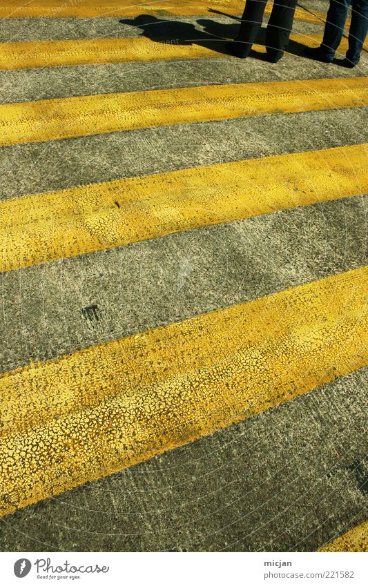 In an infinite World Why don't we stop here? Legs Traffic infrastructure Pedestrian Stand Wait Threat Gloomy Zebra crossing Yellow Pavement Asphalt Colour