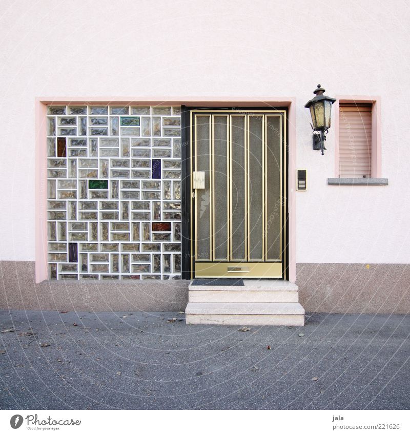 entrance House (Residential Structure) Manmade structures Building Wall (barrier) Wall (building) Stairs Facade Window Door Lantern Retro Pink Glass block