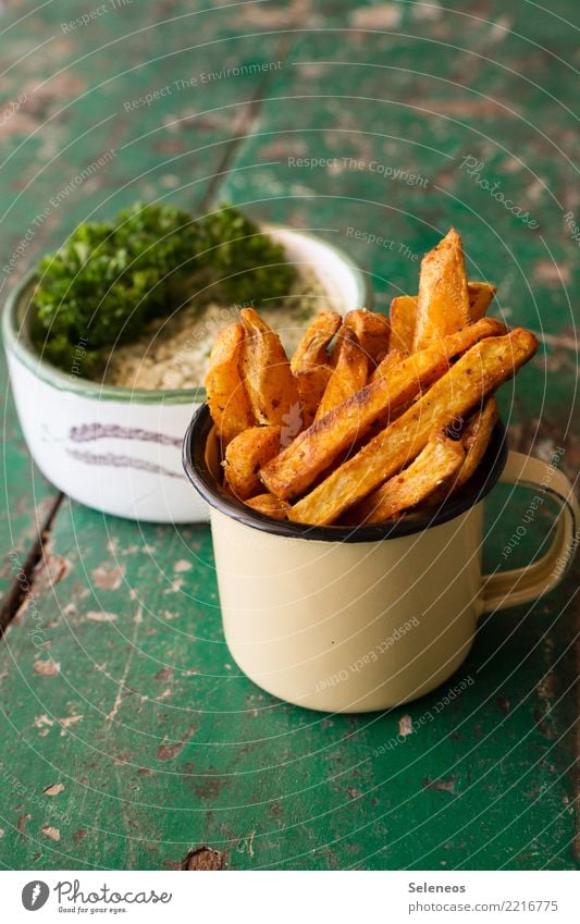 French fries salad Food potatoes Parsley Dip Nutrition Eating Organic produce Vegetarian diet Snack To enjoy Fresh Healthy Delicious sweet potato