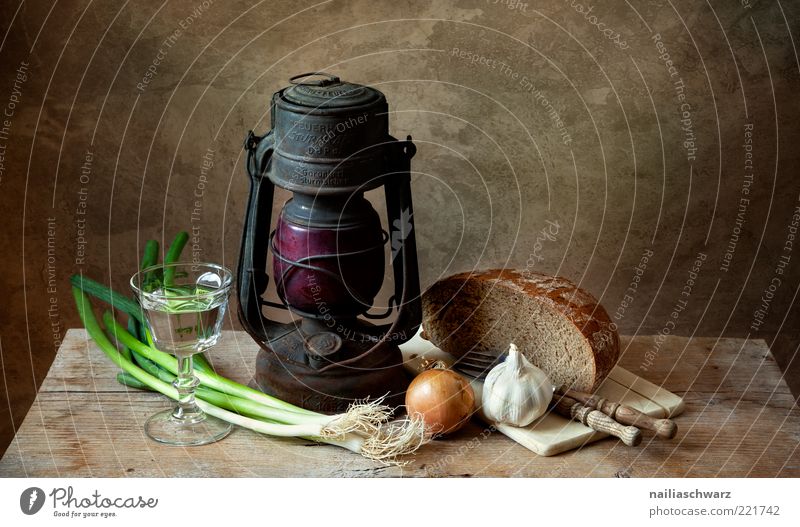 still life Food Vegetable Bread Herbs and spices Garlic Onion Early onion Nutrition Vegetarian diet Diet Beverage Crockery Glass Cutlery Fork Chopping board