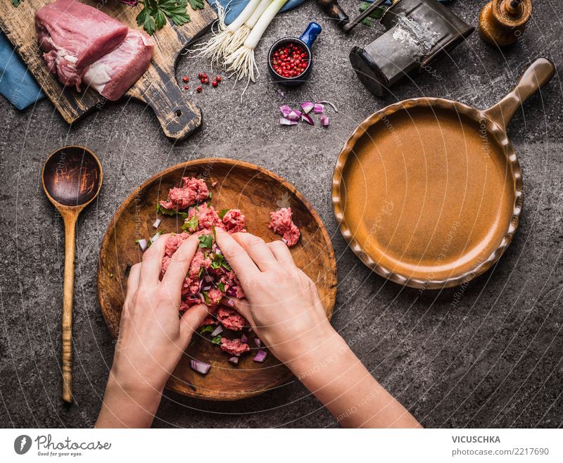 Female hands make minced meat filling Food Meat Herbs and spices Nutrition Organic produce Bowl Pan Spoon Lifestyle Living or residing Table Feminine Hand