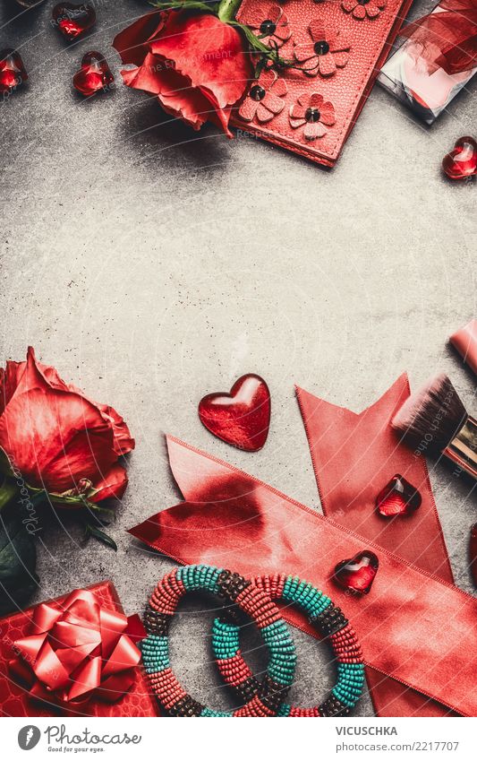 Background with red roses petals and hearts - a Royalty Free Stock Photo  from Photocase