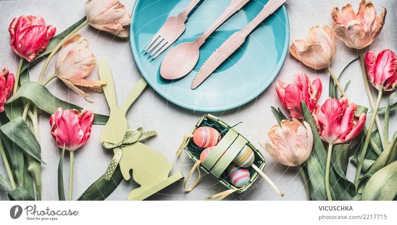Easter table decoration with tulips, rabbit and eggs Banquet Crockery Plate Cutlery Style Design Living or residing Table Restaurant Feasts & Celebrations
