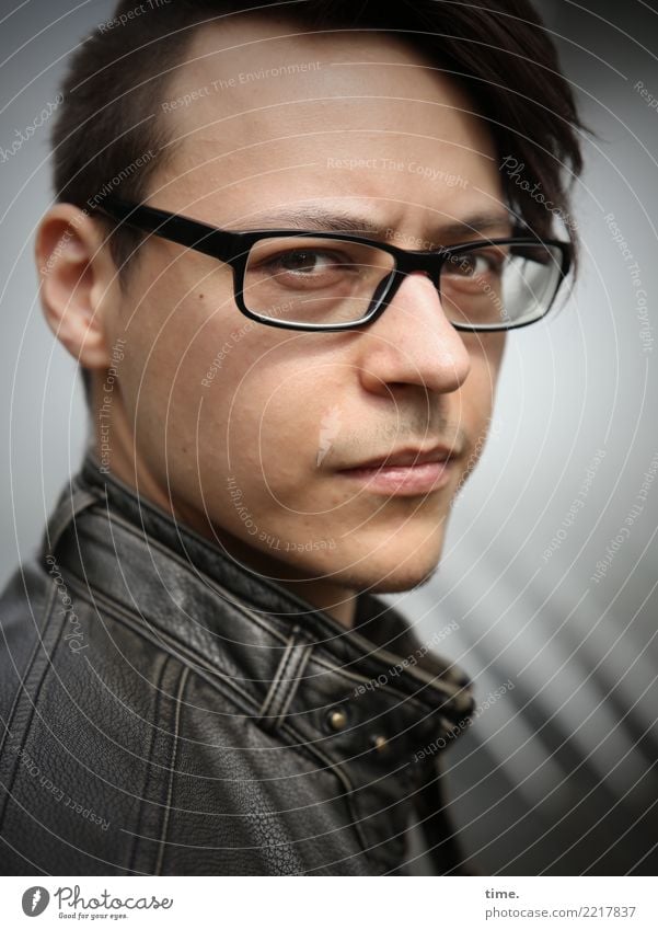 Sergei Masculine Man Adults 1 Human being Beautiful weather Jacket Leather jacket Eyeglasses Brunette Short-haired Long-haired Observe Think Looking Wait