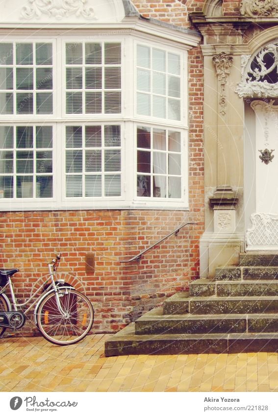 turned off House (Residential Structure) Building Architecture Stairs Facade Window Door Old Esthetic Sharp-edged Elegant Historic Red White Bicycle Ornate