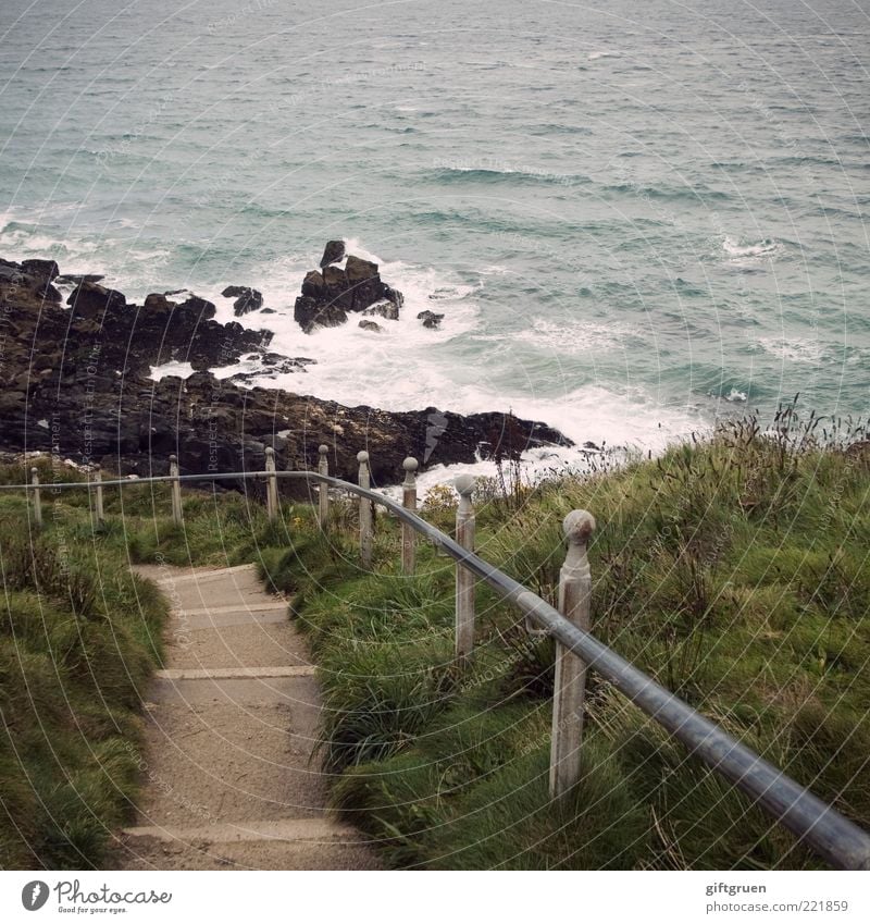 downwards Environment Nature Landscape Elements Water Wind Gale Plant Grass Rock Waves Coast Ocean Island Downward Stairs Banister Curve White crest Surf