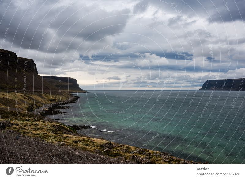 twilight of the gods Nature Landscape Plant Water Sky Clouds Storm clouds Horizon Spring Beautiful weather Wind Grass Moss Rock Mountain Coast Bay Fjord Ocean