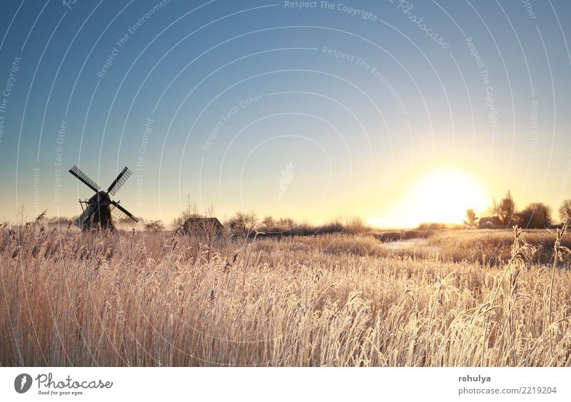 sunrise by windmill on frosty winter morning Vacation & Travel Sun Winter Snow Nature Landscape Sky Sunrise Sunset Fog Ice Frost Meadow Building Cold Blue