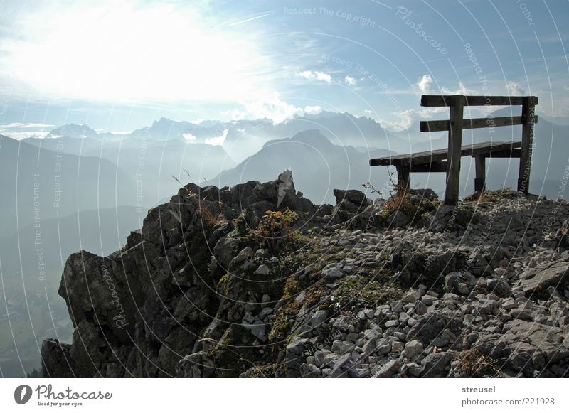 heavenly view Vacation & Travel Summer Mountain Hiking Nature Landscape Sky Sunlight Beautiful weather Rock Alps Peak Bench Bright Above Blue Life Colour photo