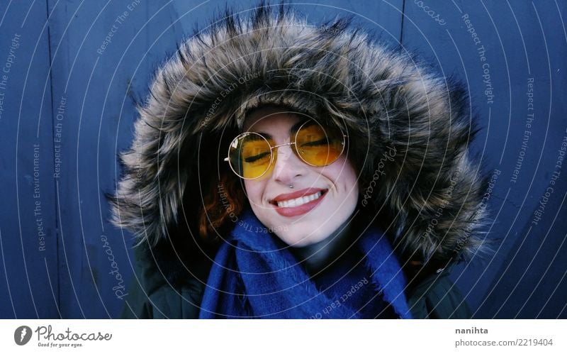 Young woman wearing a fur coat and yellow glasses Lifestyle Elegant Style Design Exotic Joy Beautiful Skin Face Human being Feminine Youth (Young adults) 1