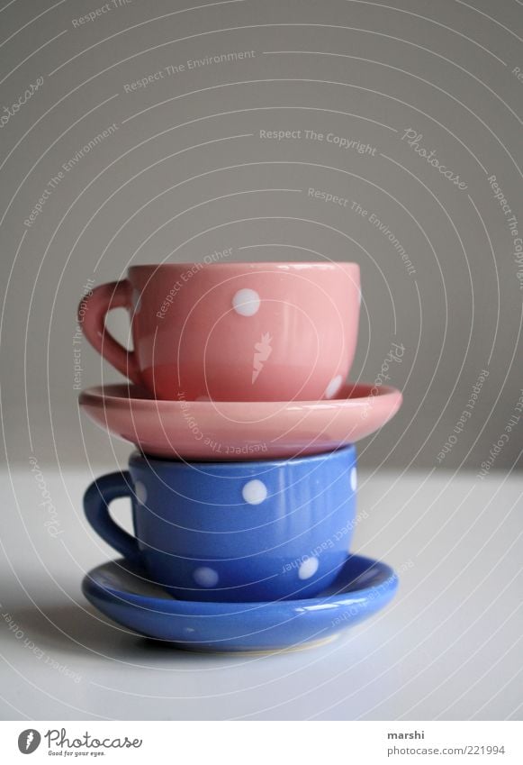 Service for the Date Beverage Hot drink Blue Pink Cup Stack Beautiful Crockery Small Porcelain Things Colour photo Interior shot 2 Spotted Light blue Coffee cup