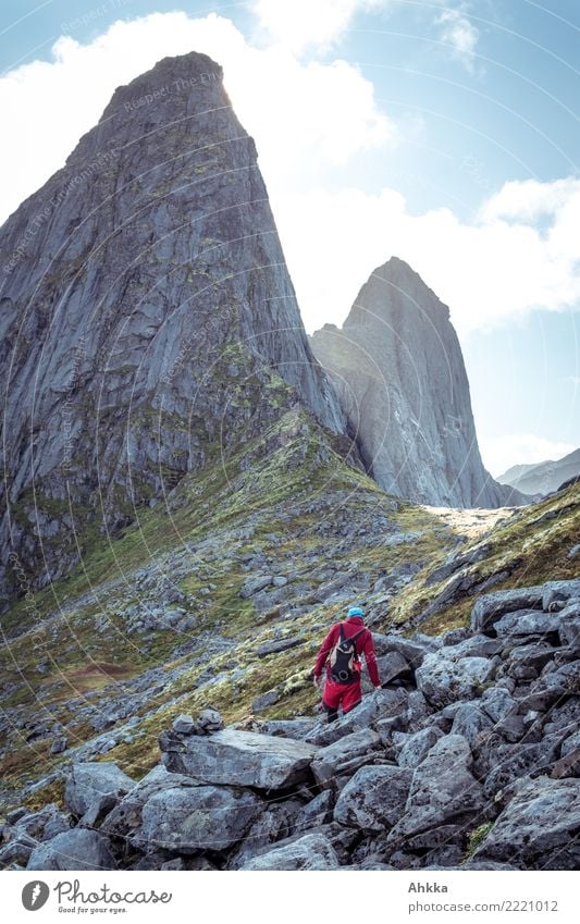 Hikers on a scree slope, mighty peaks, Lofoten Vacation & Travel Young man Youth (Young adults) Elements Sky Rock Peak Norway Stone Fantastic Gigantic Large
