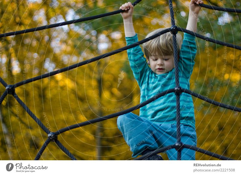 Child climbing on the playground in autumn Shallow depth of field blurriness Day Exterior shot Subdued colour Colour photo Climbing rope Rope Net Experience