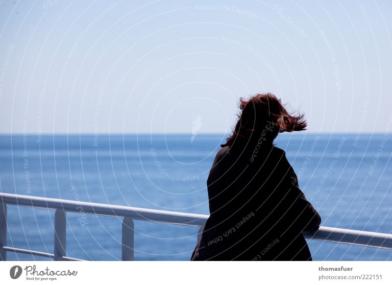 parted Vacation & Travel Far-off places Freedom Cruise Summer Summer vacation Ocean Human being Woman Adults Hair and hairstyles 1 Cloudless sky Horizon