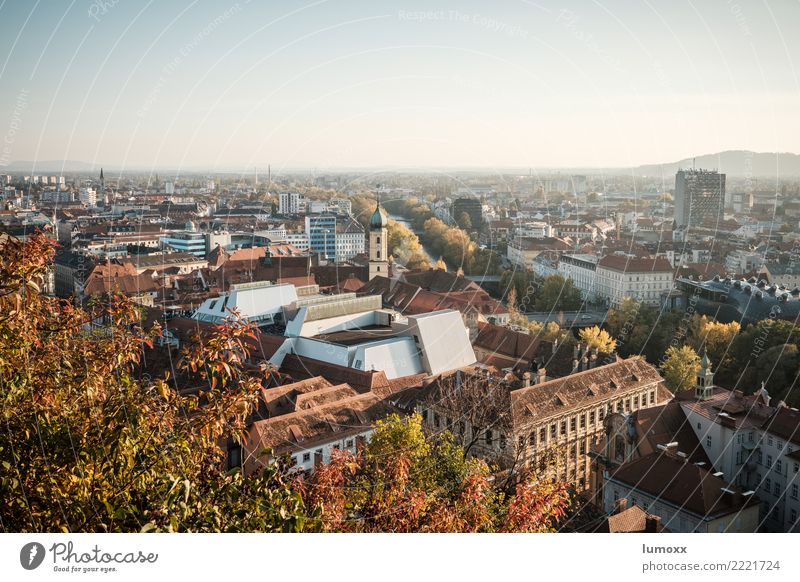 View over the roofs of Graz Environment Nature Autumn Brown Yellow Gold Mountain castle Austria art house Leaf Town Downtown World heritage Roof Colour photo