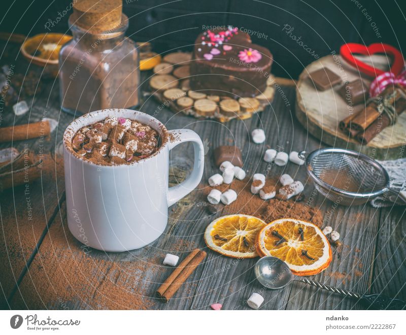 hot chocolate with marshmallows Cake Candy Hot drink Hot Chocolate Cup Spoon Table Wood Heart Eating White mug orange sweet Cinnamon Rustic vintage Colour photo