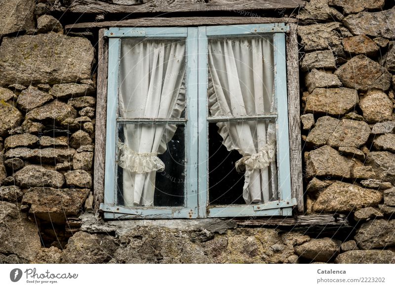 The what was | window with light blue frame and curtains of a stone house Detached house Building Wall (barrier) Wall (building) Facade Window Curtain Stone