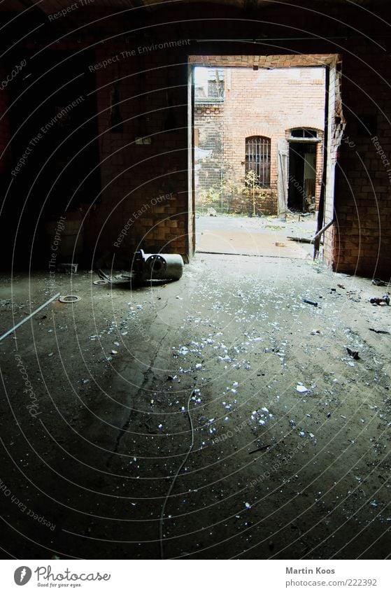 rear exit Wall (barrier) Wall (building) Glass Steel Brick Old Dirty Broken Apocalyptic sentiment Mysterious Nostalgia Industrial Photography Industrial plant