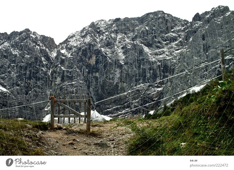 Gate to the ... Rock Alps Mountain Chalk alps Karwendelgebirge Alpine pasture Wire fence Dark Green Black White Loneliness Nature Lanes & trails Deserted