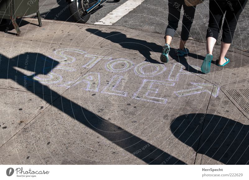 Stoop Sale in Brooklyn Human being Feminine Legs Feet 2 Characters Gray Black Sidewalk Chalk Clue Arrow Flea market Pedestrian Colour photo Subdued colour