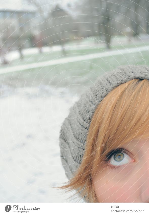 Flocke, where are you? Feminine Young woman Youth (Young adults) Eyes Snow Observe Gray Green White Anticipation Park Winter Woolen hat Colour photo