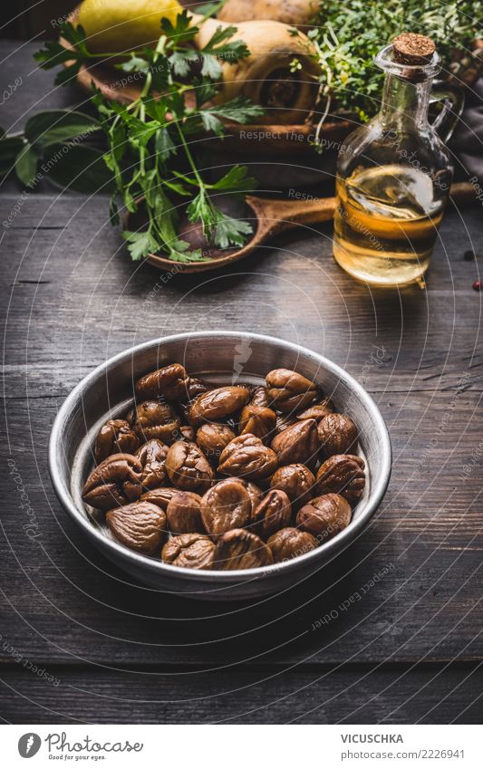 Fried chestnuts in bowl on the kitchen table Food Vegetable Herbs and spices Cooking oil Nutrition Lunch Dinner Organic produce Vegetarian diet Diet Crockery