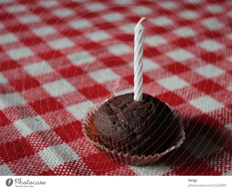 small chocolate cake with a candle on a red and white chequered tablecloth Food Dough Baked goods Cake Nutrition Decoration shoulder stand Stand Esthetic Simple