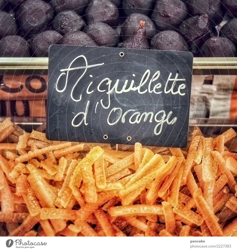 chips? Fruit Candy To enjoy Orange French fries Sweet shop Blackboard Characters Signs and labeling Fig France Sugar Dried fruits Conserve Colour photo