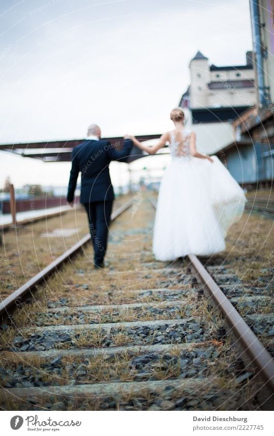 together Wedding Masculine Feminine Woman Adults Man Couple Partner 2 Human being Rail transport Train travel Railroad tracks Happy Trust Safety