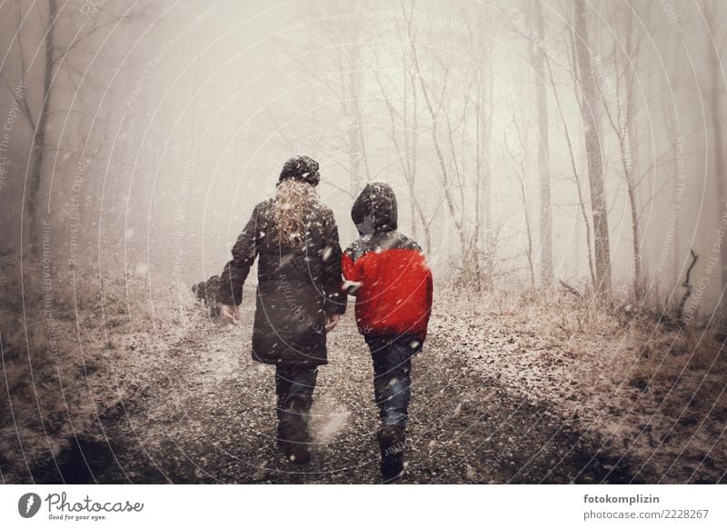 Winter fairy tale: two children on a snowy, foggy forest path togetherness Snow Hiking Human being Girl Boy (child) Brothers and sisters Infancy 2 Child Forest