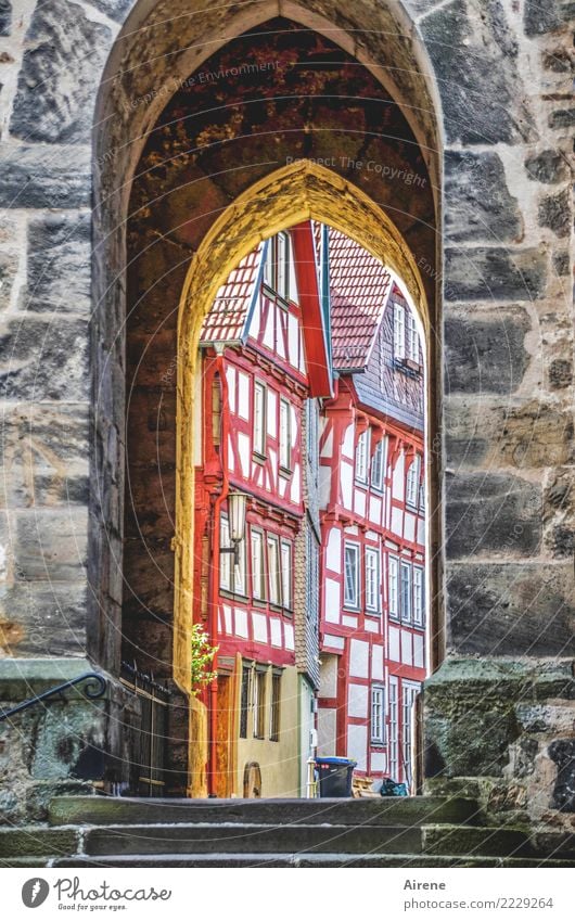 Love and leave the old. Small Town Old town Deserted House (Residential Structure) Goal Town gate Half-timbered house Facade Stairs Tourist Attraction Stone