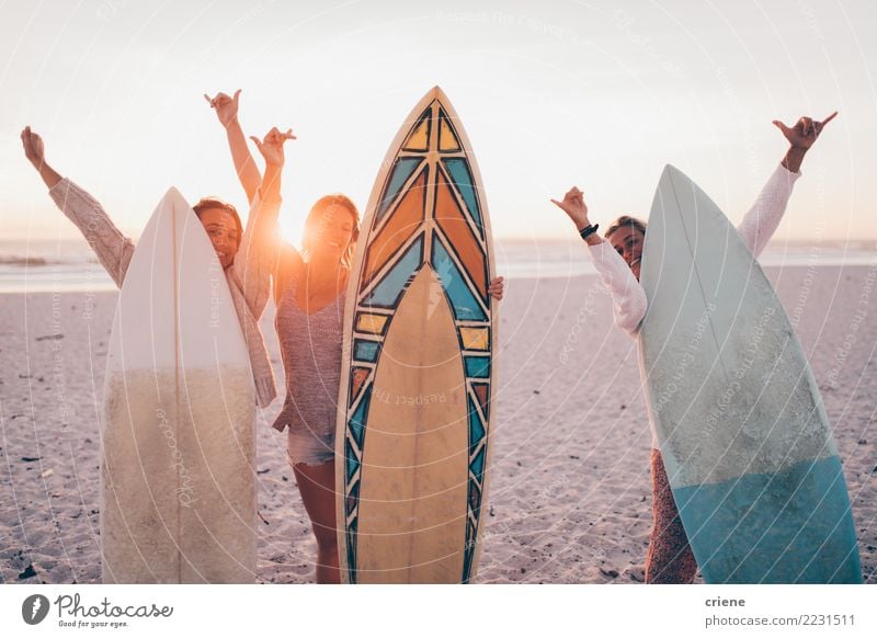 Group of young adult friends cheerful at beach with surfboards Lifestyle Joy Happy Relaxation Leisure and hobbies Vacation & Travel Summer Beach Feminine Woman