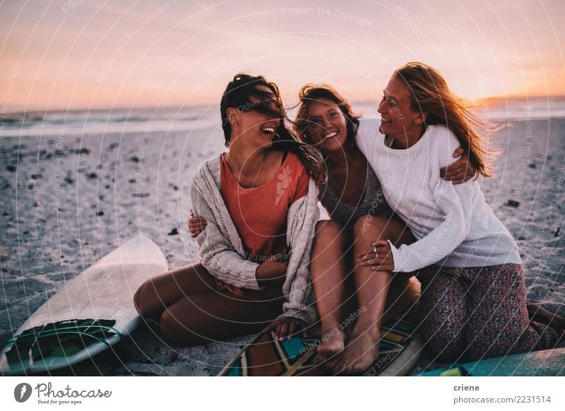 Group of best friends cheerful on the beach in sunset Lifestyle Joy Happy Relaxation Leisure and hobbies Vacation & Travel Summer Beach Feminine Young woman