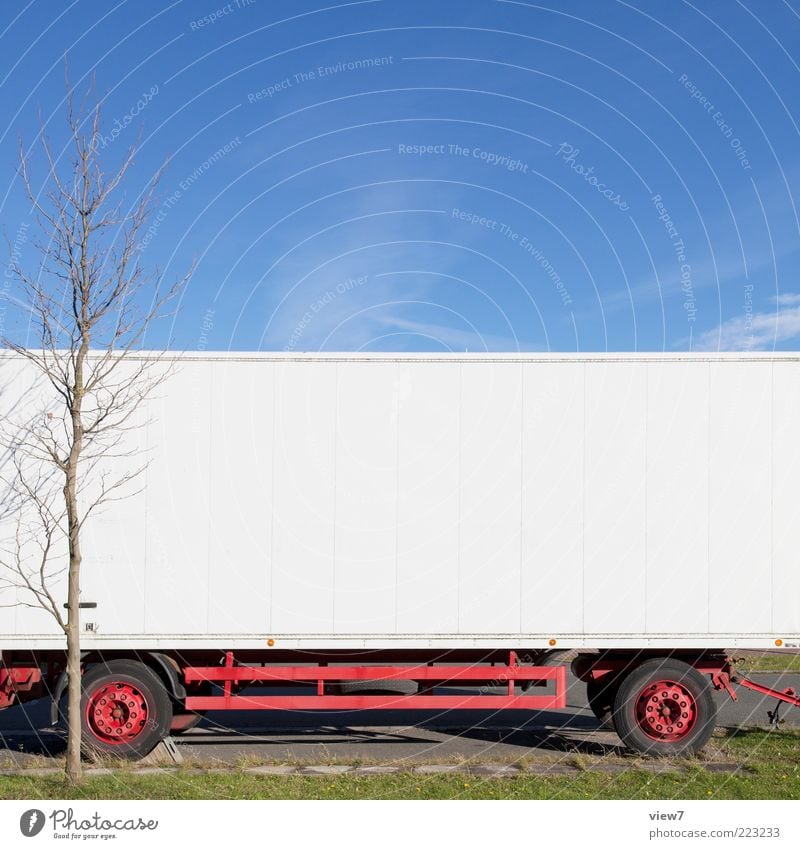 hangers Environment Sky Cloudless sky Beautiful weather Tree Transport Vehicle Truck Trailer Metal Line Stripe Old Simple White Pure Stagnating Logistics