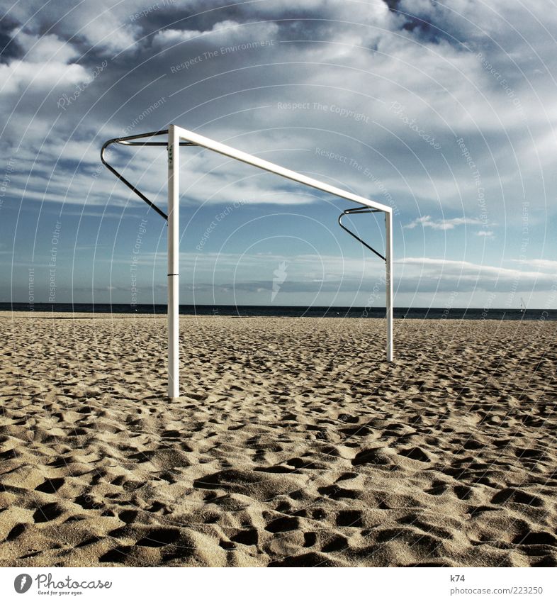 gol Goal Soccer Football pitch Sand Air Water Sky Clouds Horizon Sunlight Coast Ocean Beach Stand Calm Relaxation Colour photo Exterior shot Day