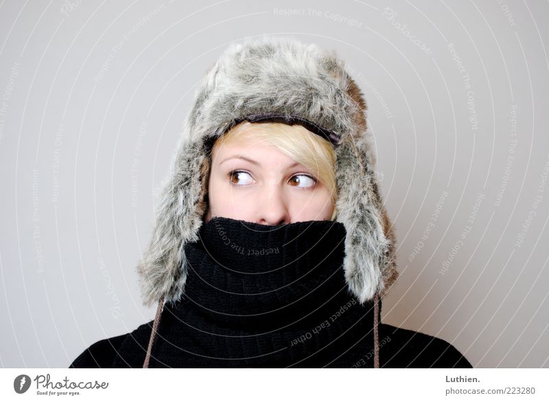 brrr.... Human being Young woman Youth (Young adults) Woman Adults Head 1 Scarf Cap Observe Freeze Blonde Cold Cuddly Gray Black fur cap Winter Colour photo