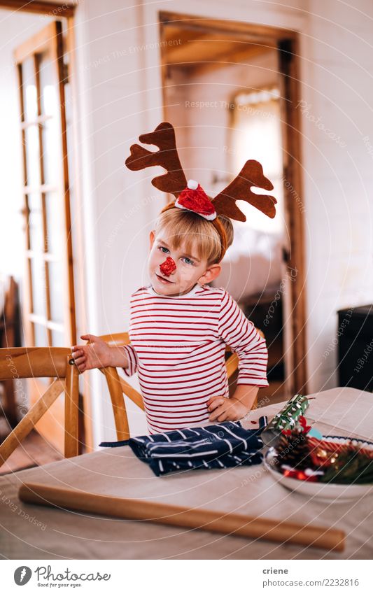 Toddler boy wearing pyjamas and reindeer christmas costume Lifestyle Joy Happy House (Residential Structure) Living room Christmas & Advent Child Human being
