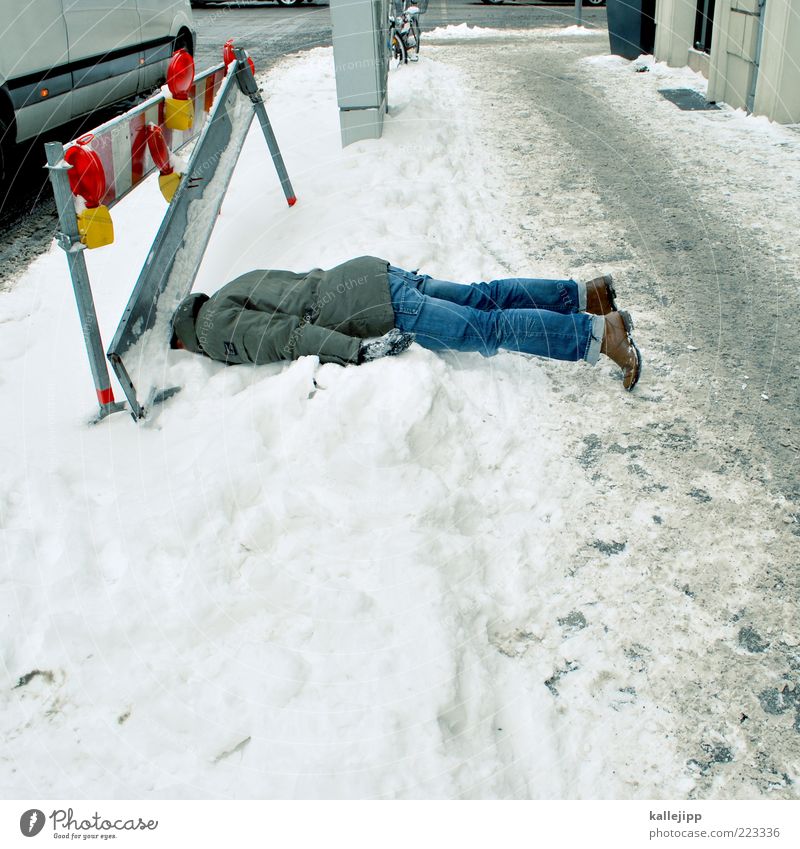 snow chaos Human being Man Adults 1 Winter Climate Weather Bad weather Ice Frost Snow Jeans Jacket Footwear To fall Accident Stumble Slip Sudden fall