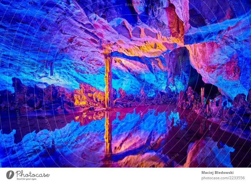 Colorful cave Tourism Trip Nature Rock Lake Stone Vacation & Travel Authentic Beautiful Uniqueness Natural Blue Red Cave Reed Flute Cave China Guilin