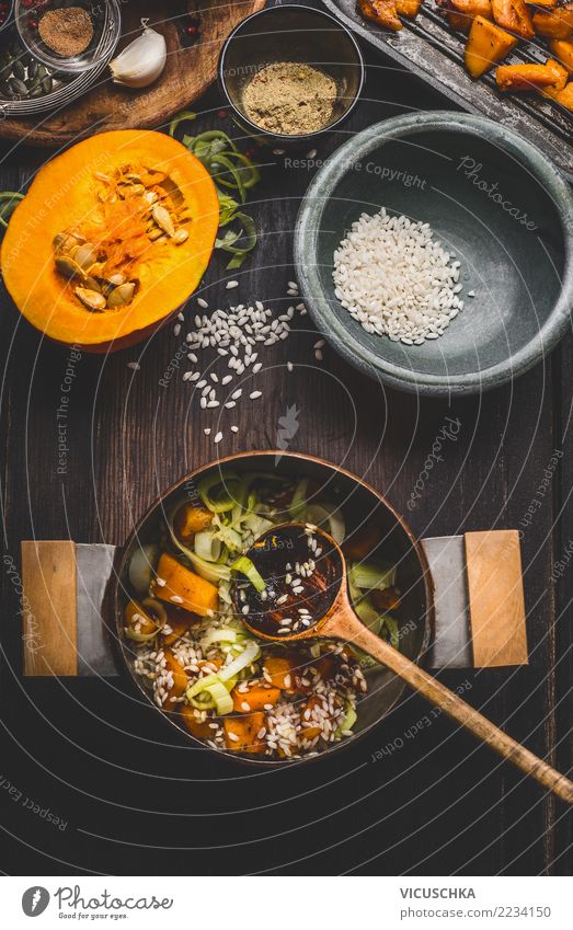 Pumpkin risotto boil Food Vegetable Grain Herbs and spices Nutrition Lunch Banquet Organic produce Vegetarian diet Diet Italian Food Bowl Pot Spoon Style