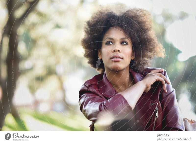 Black woman with afro hairstyle sitting in an urban park Lifestyle Style Happy Beautiful Hair and hairstyles Face Human being Feminine Young woman
