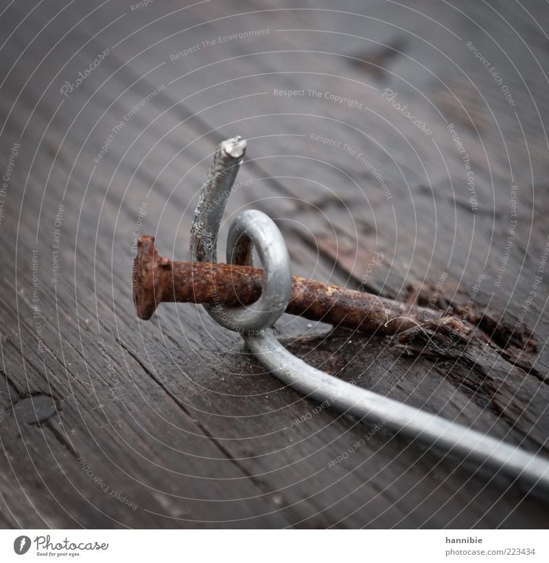 entangled Wood Metal Brown Nail Rust Curved Attach Weathered Colour photo Exterior shot Close-up Detail Deserted Wrapped around Old Hold Wire Bend Tilt Day