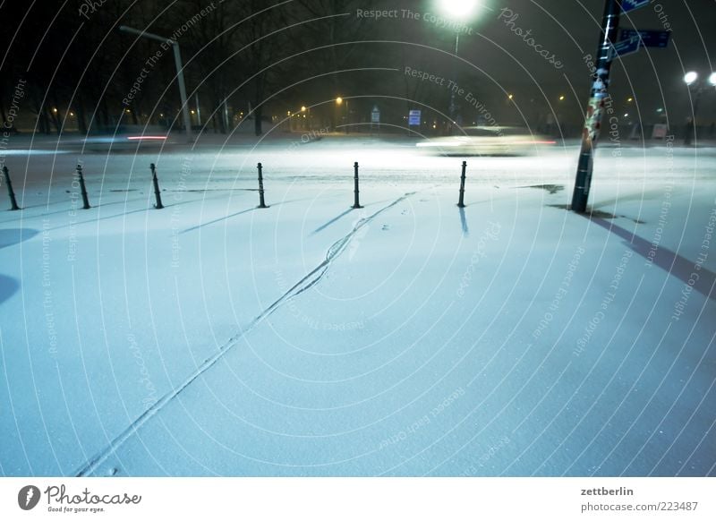 winter Winter Weather Town Park Places Transport Street Car Dark Cold December Snow layer Tracks Long exposure Virgin snow Night journey Speed Colour photo