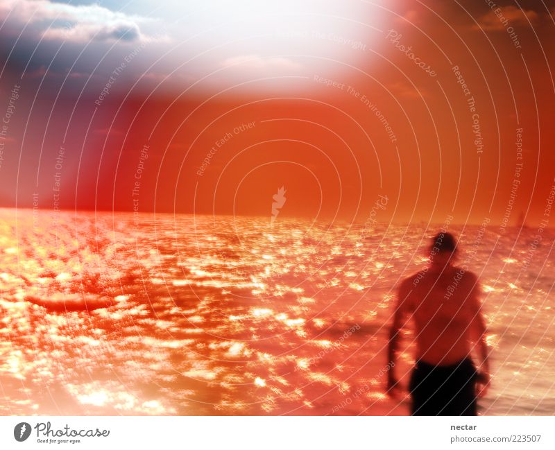 methyl orange bath Beach Ocean Waves Masculine Man Adults 1 Human being Water Horizon Glittering Beautiful Blue Red Orange Sunlight Swimming & Bathing