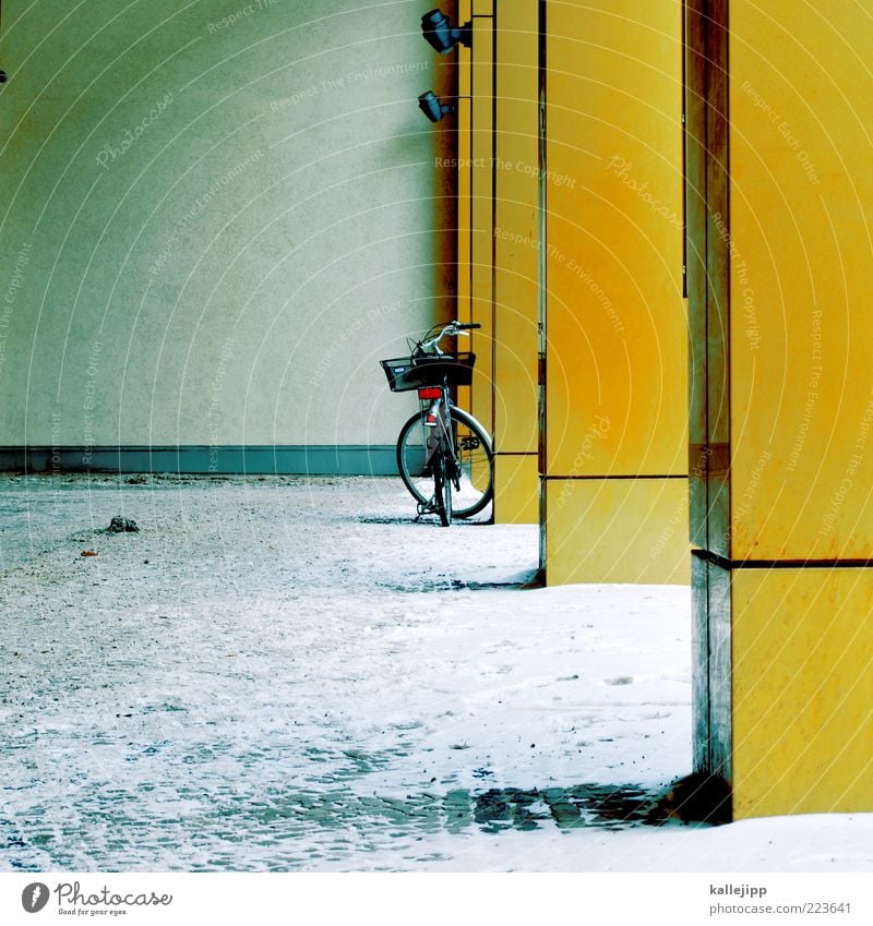 oracular House (Residential Structure) Wall (barrier) Wall (building) Bicycle Yellow Gold Winter bicycle basket Column Snowdrift Colour photo Exterior shot