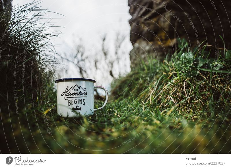 The adventure begins: with a cup of coffee Cup Enamel Lifestyle Leisure and hobbies Trip Adventure Freedom Camping Nature Grass Meadow Wall (barrier)
