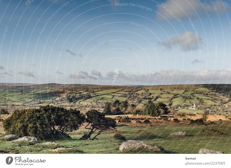 picture-book weather Harmonious Calm Trip Far-off places Freedom Hiking Environment Nature Landscape Sky Clouds Beautiful weather Grass Bushes Field Hill Rock