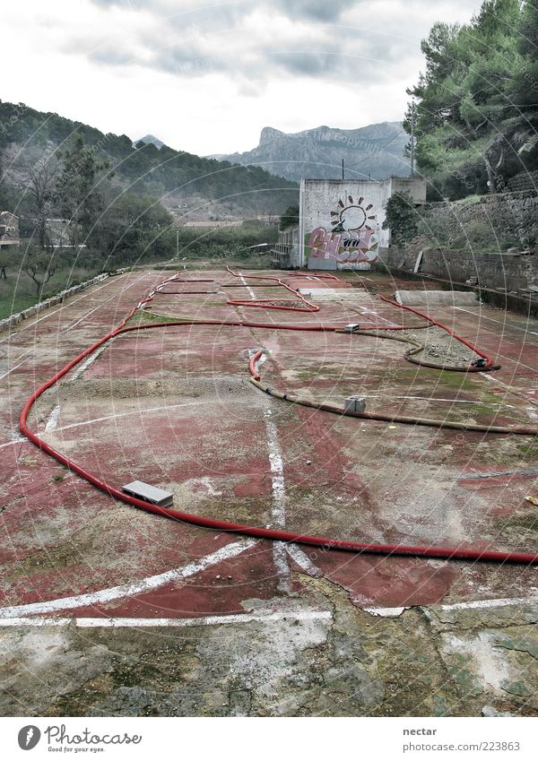 sweet Old Dirty Gray Green Red Graffiti Places Decline Mountain Tree Clouds Hose Transmission lines Derelict Flake off Concrete Stone Dismantling Abstract